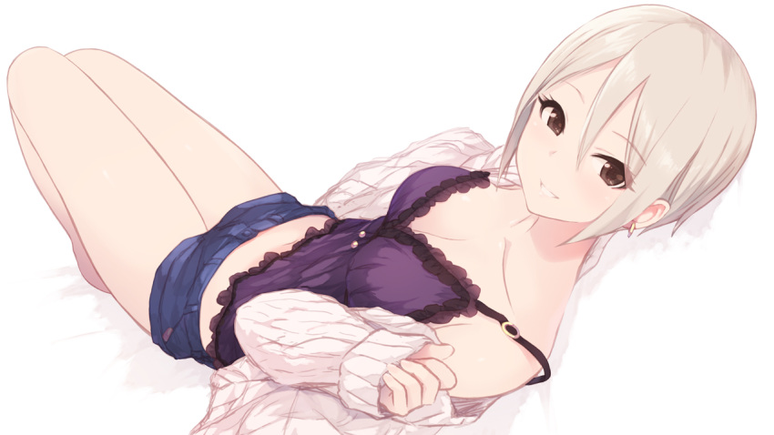 1girl bangs bare_legs bare_shoulders black_eyes blonde_hair blue_shorts blush breasts brown_eyes cait cardigan collarbone commentary_request denim denim_shorts earrings grey_hair hair_between_eyes idolmaster idolmaster_cinderella_girls jewelry looking_at_viewer medium_breasts off_shoulder open_cardigan open_clothes parted_bangs parted_lips purple_camisole ribbed_sweater shiomi_shuuko short_hair short_shorts shorts simple_background smile solo sweater thighs white_background white_sweater