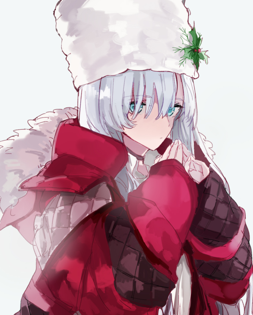 1girl alternate_costume anastasia_(fate/grand_order) blue_eyes choker down_jacket fate/grand_order fate_(series) fingers_together fur_hat fur_trim grey_background hair_ornament hair_over_one_eye hat highres holly_hair_ornament jacket red_jacket silver_hair simple_background