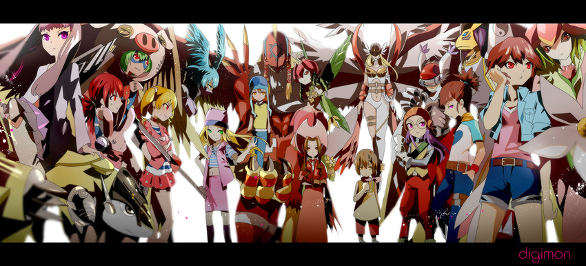 amano_nene angewomon broken_heart_print cho-hakkaimon cutemon digimon digimon_adventure digimon_adventure_02 digimon_frontier digimon_savers digimon_tamers digimon_xros_wars digimon_xros_wars:_toki_wo_kakeru_shounen_hunter-tachi fujieda_yoshino garudamon glasses gloves hat helmet inoue_miyako lilamon lillymon long_hair makino_ruki mask multiple_girls orimoto_izumi purple_eyes purple_hair red_eyes short_hair shutumon silphymon smile sparrowmon suzaki_airu tachikawa_mimi takenouchi_sora taomon twintails winni_wc yagami_hikari