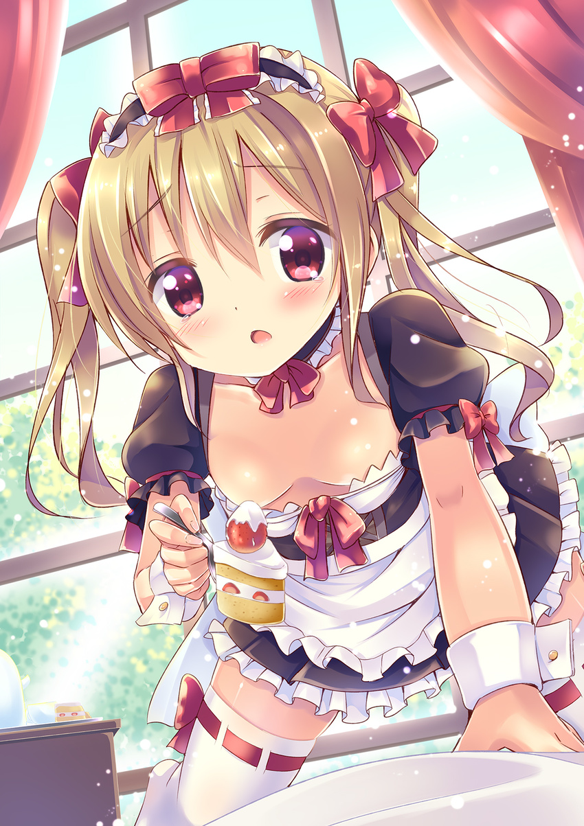 all_fours blush bow breasts brown_hair cake choker close-up cream curtains downblouse dutch_angle feeding food fork fruit hair_bow highres indoors juliet_sleeves kurou_(quadruple_zero) long_sleeves looking_at_viewer maid maid_headdress moe2015 on_bed open_mouth original pov_feeding puffy_sleeves red_eyes ribbon-trimmed_legwear ribbon_trim shortcake slice_of_cake small_breasts solo straddling strawberry strawberry_shortcake tears thighhighs white_legwear window wrist_cuffs zettai_ryouiki