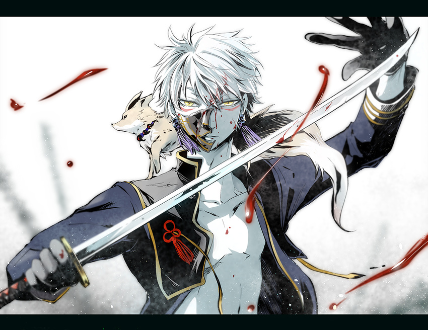 armor blood broken_mask fox gloves jacket japanese_armor katana letterboxed male_focus mask menpoo nakigitsune nakigitsune's_fox open_clothes open_jacket shihouakira silver_hair solo sword touken_ranbu weapon white_hair yellow_eyes