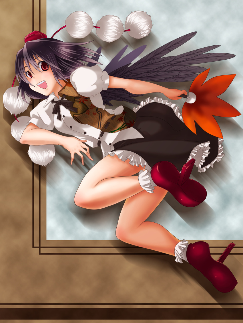 absurdres black_hair black_wings geta hat highres looking_at_viewer open_mouth orippa red_eyes shameimaru_aya short_hair skirt smile solo tengu-geta tokin_hat touhou wings