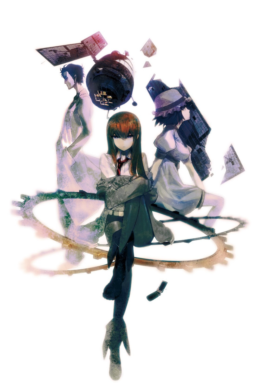 2girls black_hair blue_eyes boots brown_hair cellphone gears hat highres huke jacket labcoat legwear_under_shorts long_hair makise_kurisu multiple_girls necktie off_shoulder official_art okabe_rintarou pantyhose phone satellite shiina_mayuri short_hair shorts sitting steins;gate