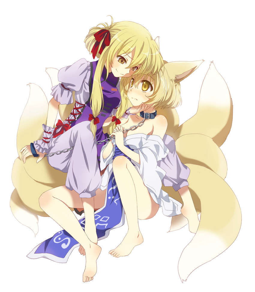 animal_ears bad_id barefoot blonde_hair chain collar eye_contact feet fox_ears fox_tail highres konayama_kata leash looking_at_another multiple_girls multiple_tails short_hair tail touhou yakumo_ran yakumo_yukari yellow_eyes yuri