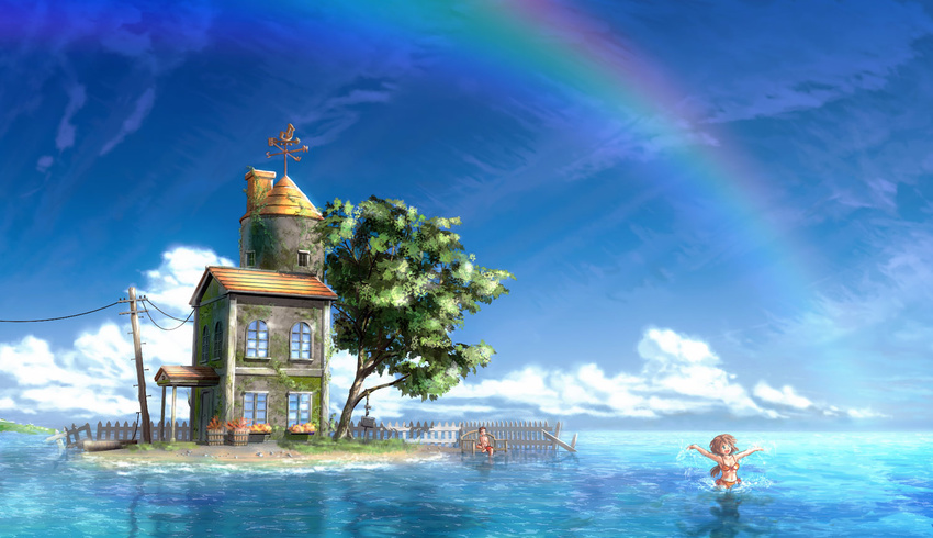 1girl :d bad_id bad_pixiv_id bench bikini building cloud day fence happy house kakisuke open_mouth original outdoors outstretched_arms power_lines rainbow reflection scenery sitting sky smile splashing spread_arms swimming swimsuit telephone_pole tree tree_shade wading water weather_vane