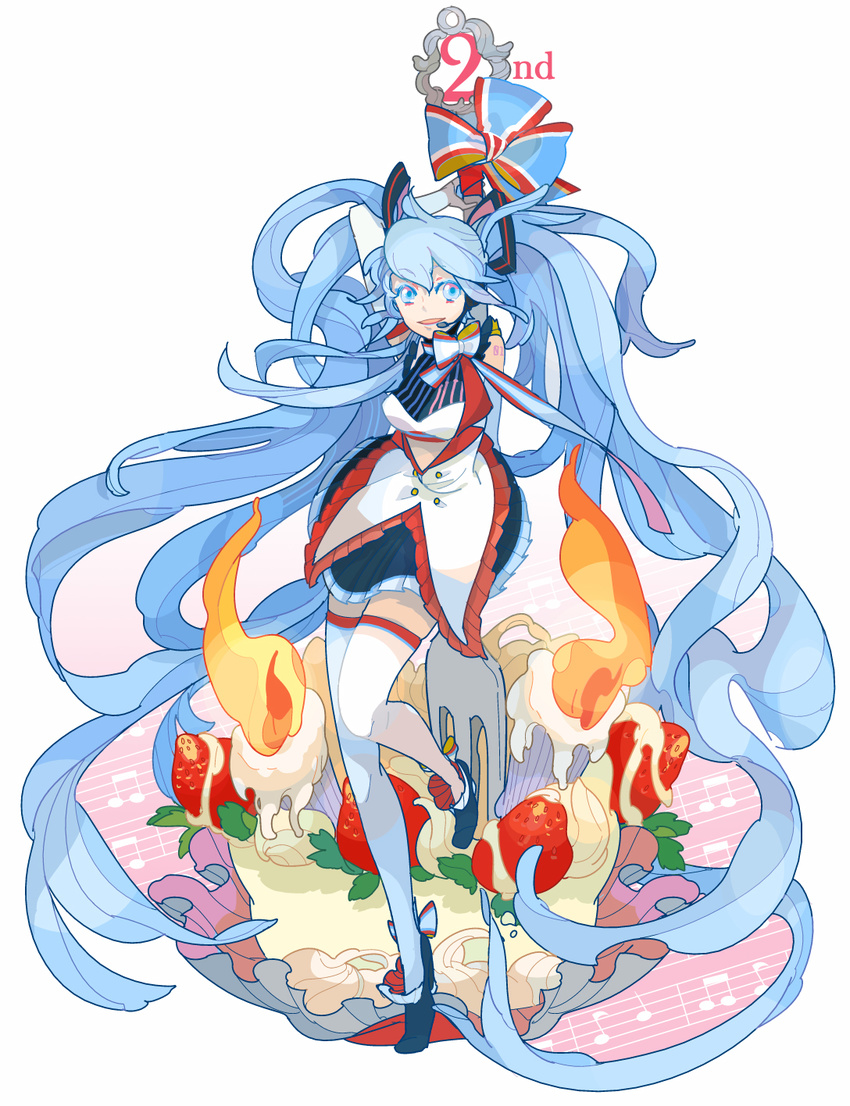 bad_id bad_pixiv_id blue_hair cake candle food fork fruit hatsune_miku highres legs long_hair maruco oversized_object pastry skirt solo strawberry thighhighs twintails very_long_hair vocaloid