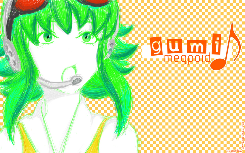 goggles goggles_on_head green_eyes green_hair gumi hagachi headphones musical_note open_mouth short_hair sketch solo vocaloid wallpaper