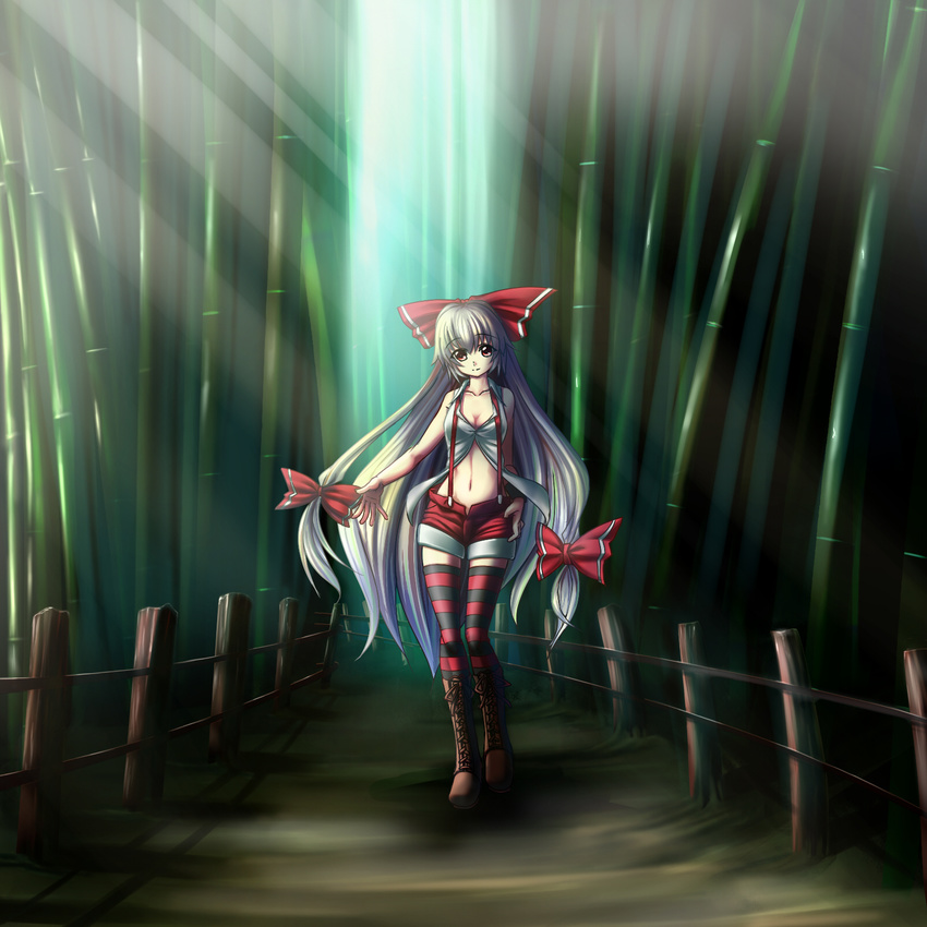 alternate_costume bad_id bad_pixiv_id bamboo bamboo_forest borrowed_design bow breasts cleavage forest fujiwara_no_mokou hair_ribbon highres long_hair medium_breasts midriff nature red_eyes red_legwear ribbon shorts silver_hair solo sorono striped striped_legwear suspenders thighhighs touhou very_long_hair