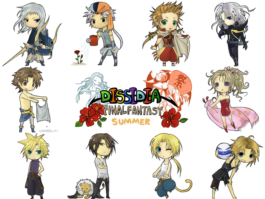 6+boys armor blitzball butz_klauser cape cecil_harvey chibi cloud_strife copyright_name dark_knight dissidia_final_fantasy everyone final_fantasy final_fantasy_i final_fantasy_ii final_fantasy_iii final_fantasy_iv final_fantasy_ix final_fantasy_v final_fantasy_vi final_fantasy_vii final_fantasy_viii final_fantasy_x flower frioniel lion multiple_boys onion_knight pantyhose squall_leonhart tail tidus tina_branford warrior_of_light yoko_(barnowl) zidane_tribal