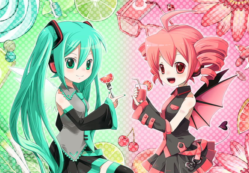 ahoge aqua_eyes aqua_hair bat_wings candy cherry crossover demon_girl detached_sleeves drill_hair fish flower food fork fruit gimei_(ebisawa) glasses hatsune_miku headphones holding holding_fork kasane_teto long_hair multiple_girls red_eyes red_hair skirt smile spring_onion tail thighhighs twin_drills twintails utau vocaloid wings