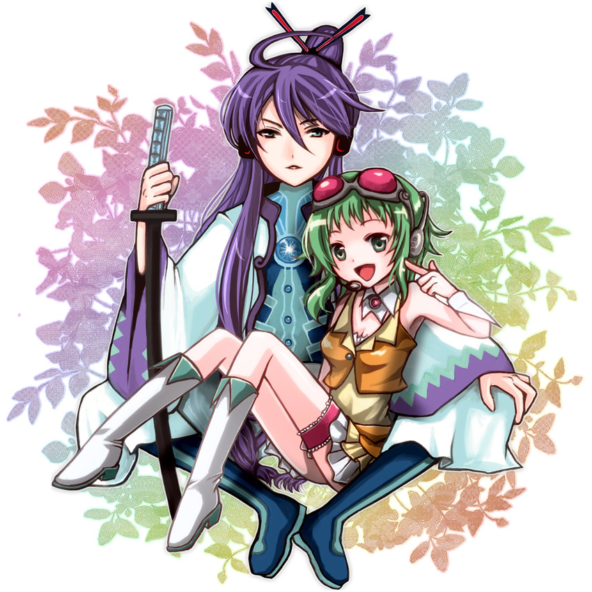 1girl artist_request blue_eyes boots collar garters goggles goggles_on_head green_eyes green_hair gumi headphones highres kamui_gakupo long_hair open_mouth ponytail purple_hair short_hair sword vocaloid weapon wrist_cuffs