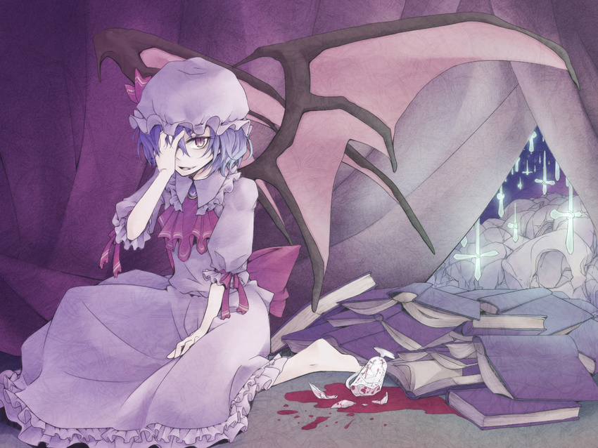 barefoot bat_wings hat lavender_hair red_eyes remilia_scarlet short_hair solo tokikane_mikan touhou wings