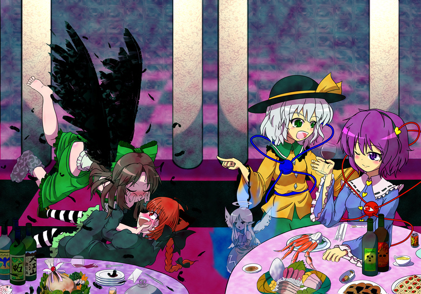 alcohol animal_ears ayuosu bad_id bad_pixiv_id barefoot blush bow braid brown_hair cat_ears closed_eyes cup drinking_glass drunk eyes fang feathers food green_eyes hair_bow hairband halo hat heart imminent_kiss kaenbyou_rin komeiji_koishi komeiji_satori long_hair multiple_girls one_eye_closed pointing profile purple_eyes purple_hair red_eyes red_hair reiuji_utsuho shoes short_hair single_shoe skirt skirt_pull third_eye touhou transparent wine wine_glass wings yuri zombie_fairy