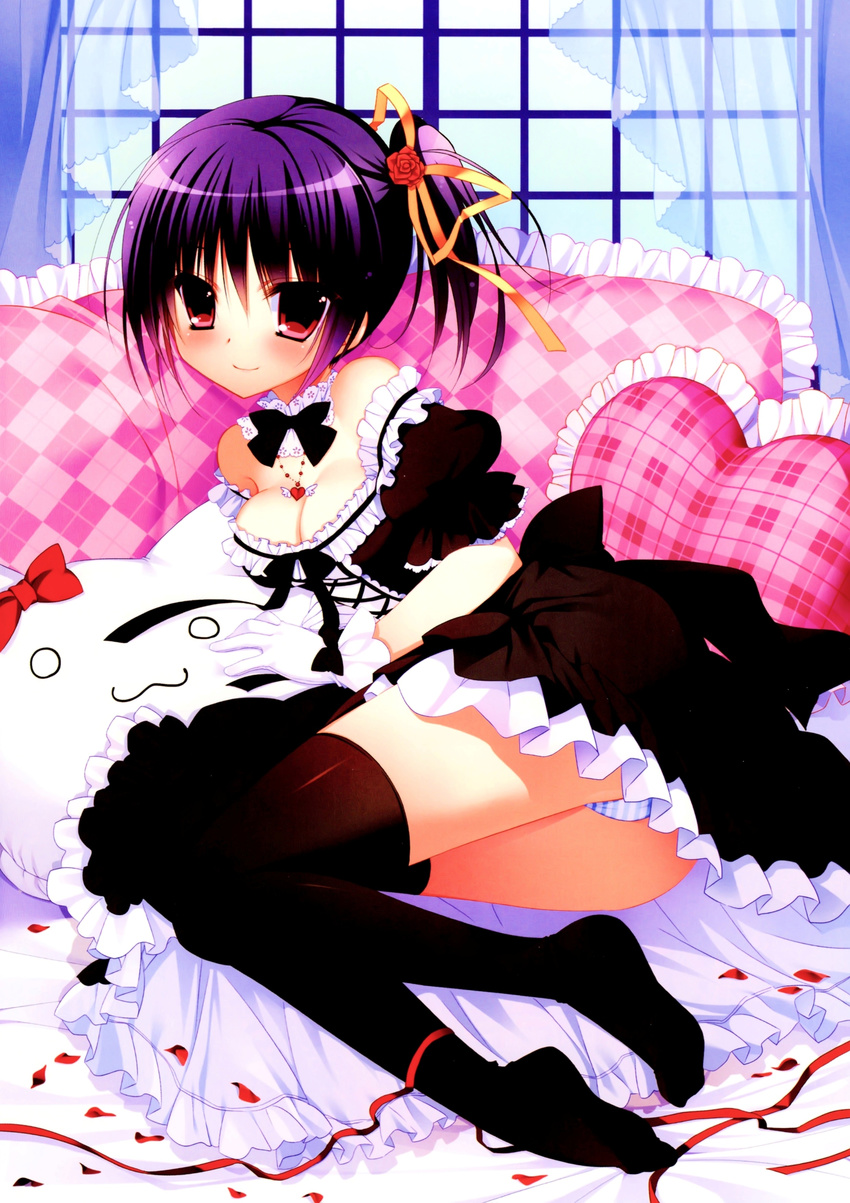 :3 absurdres black_legwear blue_panties breasts cleavage curtains detached_collar dress frilled_pillow frills heart heart_pillow highres jewelry lying medium_breasts nanaka_mai necklace on_side original panties petals pillow purple_hair rose_petals short_hair side_ponytail smile solo striped striped_panties stuffed_animal stuffed_cat stuffed_toy thighhighs underwear window