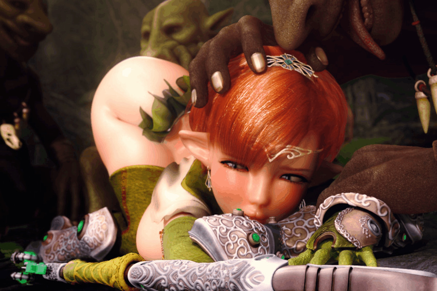 1girl 3boys 3d anal anal_fingering animated animated_gif armor breasts chocontoco earrings elf fingering goblin jewelry multiple_boys orange_hair outdoors plump pointy_ears rape restrained thick thighhighs tiara wide_hips