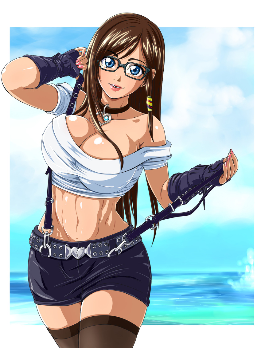 1girl bare_shoulders black_legwear blue_eyes breasts brown_hair choker cleavage dead_or_alive dead_or_alive_5 female fingerless_gloves glasses gloves kokoro_(doa) large_breasts long_hair looking_at_viewer midriff miniskirt nail_polish ocean pink_nails raburebo skirt smile solo suspenders thighhighs water