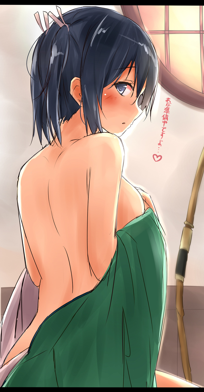 absurdres bare_shoulders blue_eyes blue_hair blush bow_(weapon) breasts hair_ribbon heart highres kantai_collection letterboxed md5_mismatch medium_breasts off_shoulder open_mouth resized ribbon round_window saku_(kudrove) sideboob sideways_glance solo souryuu_(kantai_collection) translated two_side_up upscaled weapon window