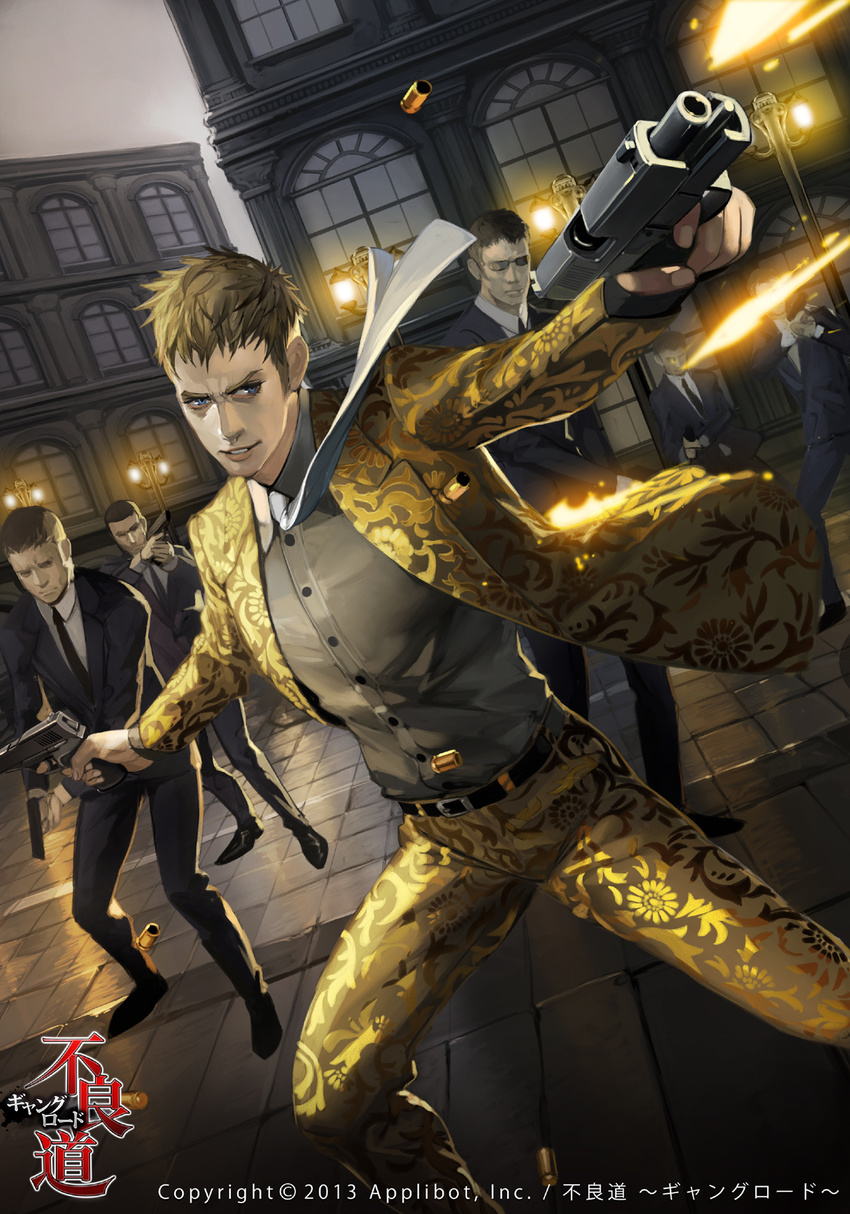 belt blonde_hair blue_eyes building bullet company_name entsuo_aadani floral_print formal furyou_michi_~gang_road~ gun highres male_focus multiple_boys necktie official_art short_hair suit takayama_toshiaki weapon