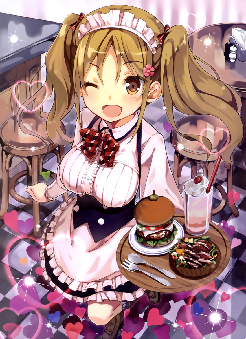 ;d absurdres breasts brown_eyes brown_hair checkered checkered_floor cream cup cutlery drinking_glass drinking_straw food fork glass glint hamburger heart highres indoors knife looking_at_viewer maid maid_headdress medium_breasts one_eye_closed open_mouth osa_(osaosa) plate smile solo sparkle table tray twintails waitress