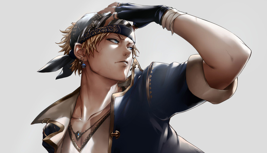 bandages bandana blue_eyes brown_hair earrings final_fantasy final_fantasy_vi fingerless_gloves frown gloves hand_on_forehead hand_on_own_head jacket jewelry lock_cole male_focus necklace open_mouth orushibu ring scar solo v-neck