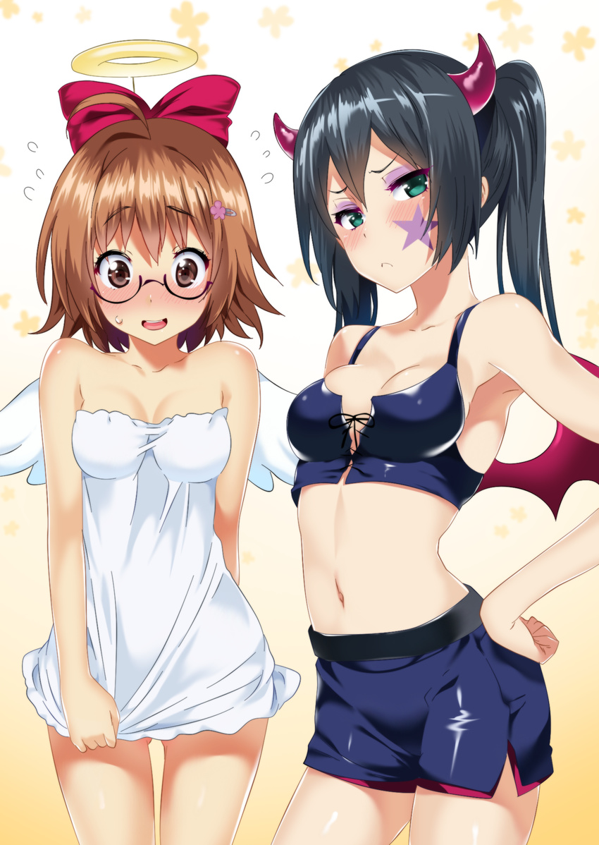 angel angel_and_devil angel_wings bare_arms bare_shoulders black_hair blush bow breasts brown_eyes brown_hair cleavage colorized demon_girl demon_horns dress dress_tug eichi_gakuen_no_under_heart facial_tattoo fake_halo gaston18 glasses hair_bow halo high_ponytail highres hisasi horns long_hair looking_at_viewer medium_breasts midriff multiple_girls navel no_panties ponytail short_dress short_hair stomach tattoo thighs wings