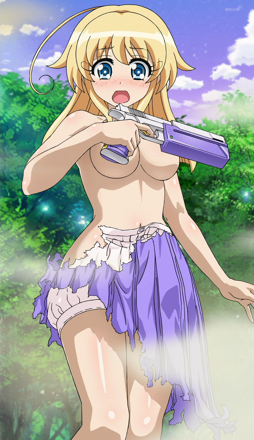 adelaide_grand_marnier aqua_eyes blonde_hair blush breasts convenient_censoring curvy dog_days gun highres long_hair looking_at_viewer nude open_mouth screencap solo torn_clothes weapon wide_hips