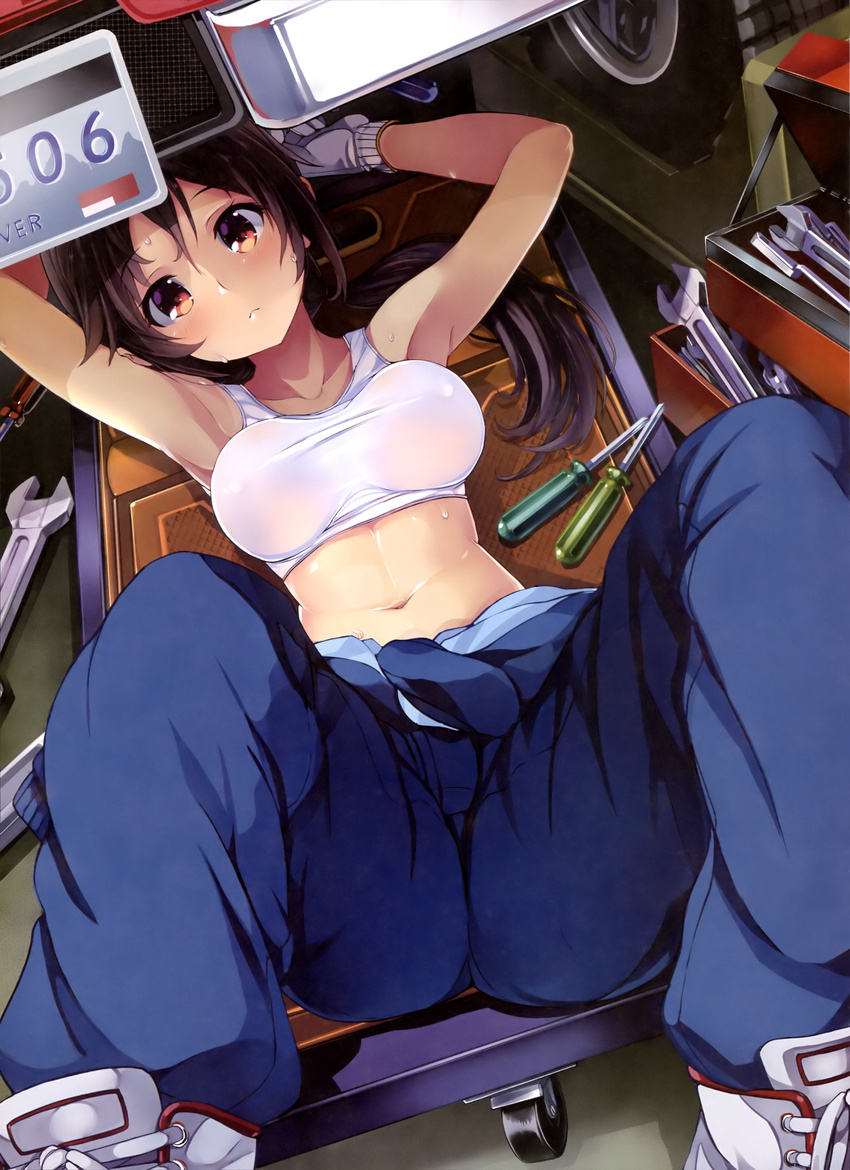 absurdres adjustable_wrench armpits arms_up breasts brown_eyes brown_hair car gloves ground_vehicle highres impossible_clothes jumpsuit long_hair looking_at_viewer lying mechanic medium_breasts midriff mirai_denki motor_vehicle navel on_back overalls pants ponytail screwdriver shirt solo spread_legs sweat tank_top taut_clothes taut_shirt tied_shirt toolbox white_gloves working wrench