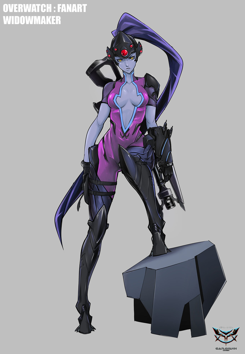 bodysuit boots breasts center_opening character_name cleavage copyright_name full_body garayann gloves grey_skin gun head_mounted_display headgear highres knee_boots leg_up long_hair looking_at_viewer medium_breasts overwatch pink_bodysuit ponytail purple_hair simple_background solo very_long_hair weapon widowmaker_(overwatch) yellow_eyes