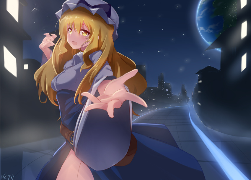 artist_name bad_id bad_pixiv_id bangs beckoning belt blonde_hair blue_dress bow breasts city city_lights collared_shirt dress earth foreshortening hand_up hat hat_bow highres light long_hair long_sleeves looking_at_viewer looking_back medium_breasts mob_cap night open_mouth outstretched_arm outstretched_hand pavement road septet_(zrca_janne) shirt side_slit solo space star_(sky) street thighs tongue touhou vanishing_point watatsuki_no_toyohime wide_sleeves yellow_eyes