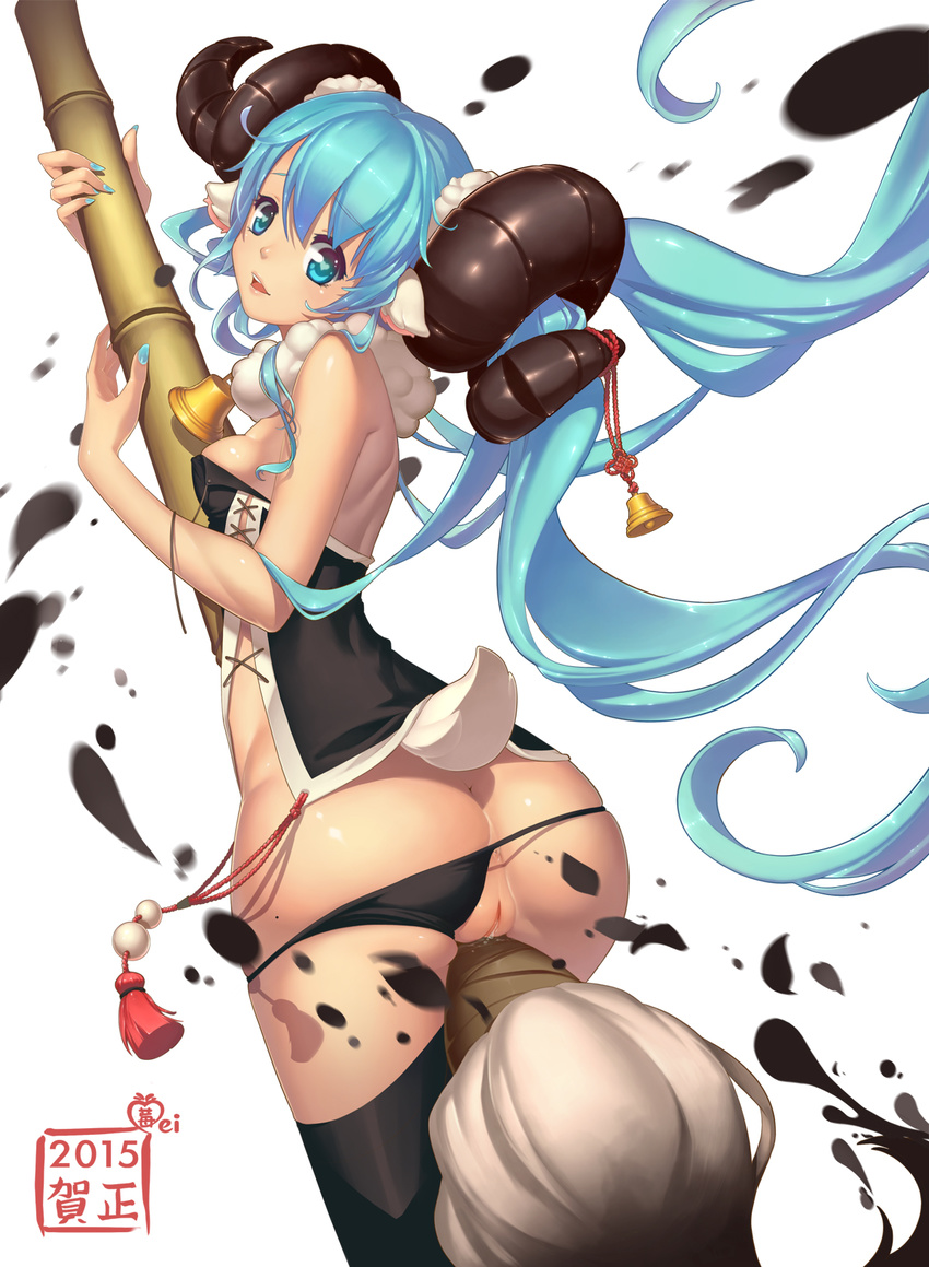 2015 animal_ears anus aqua_eyes aqua_hair aqua_nails ass bell breasts brush hatsune_miku highres horns long_hair mei_(ohayou_girls) nail_polish ohayou_girls oversized_object panties panties_aside pussy pussy_juice sheep sheep_ears sheep_horns sheep_tail sideboob small_breasts solo tail thighhighs twintails uncensored underwear very_long_hair vocaloid