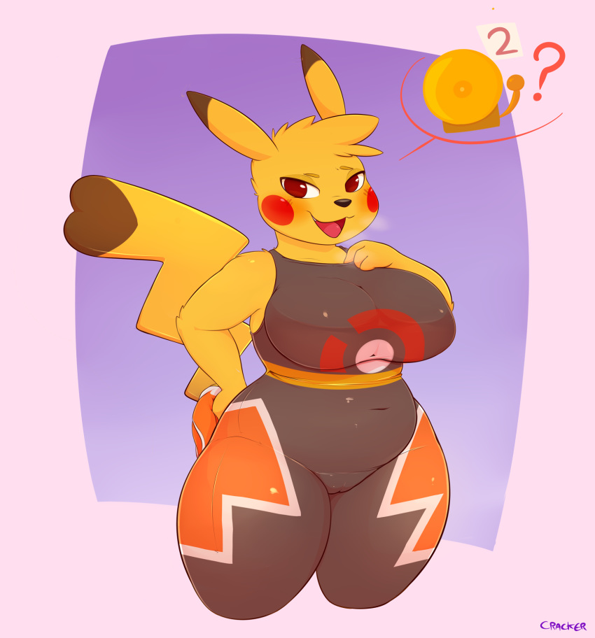 big_breasts blush breasts camel_toe cleft_tail clothed clothing cosplay_pikachu cracker_(artist) female nintendo pikachu pikachu_libre pok&eacute;mon pok&eacute;mon_(species) short_stack super_smash_bros thick_thighs tight_clothing video_games wide_hips