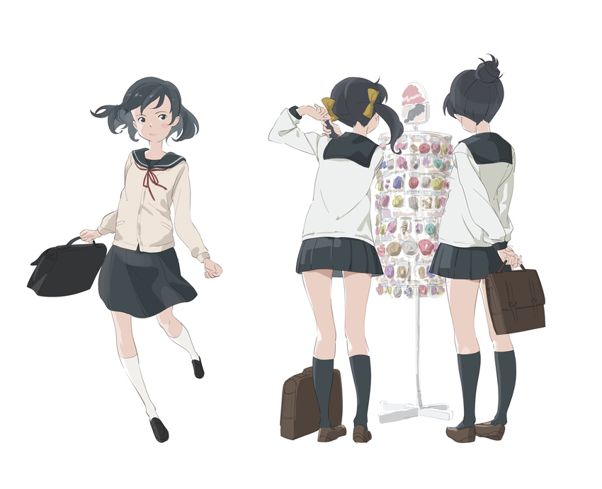 black_hair from_behind highres multiple_girls original popman3580 school_uniform serafuku short_hair simple_background white_background