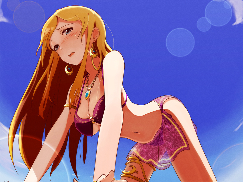 bare_arms bikini blue_eyes blush breasts brown_hair cleavage ear_ornament earrings idolmaster idolmaster_million_live! jewelry large_breasts lens_flare long_hair navel necklace neji_(nezi_hs) o-ring o-ring_top open_mouth pendant see-through shinomiya_karen skirt solo strap_gap swimsuit thighs