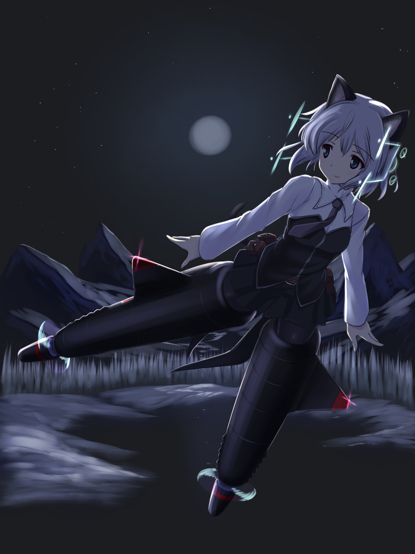 a9b_(louis814) aqua_eyes black_legwear highres hirschgeweih_antennas military military_uniform moon mountain necktie pantyhose sanya_v_litvyak short_hair silver_hair skirt solo star_(sky) strike_witches striker_unit uniform world_witches_series