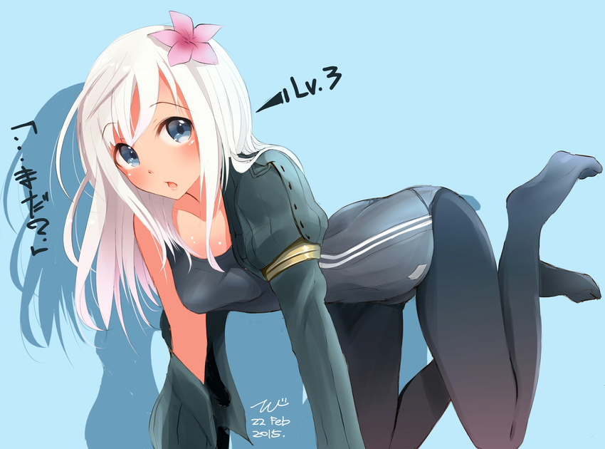 3 :o all_fours black_legwear blonde_hair blue_background blue_eyes breasts dated february flower hair_flower hair_ornament highres kantai_collection medium_breasts number open_mouth pantyhose pantyhose_under_swimsuit ro-500_(kantai_collection) school_swimsuit simple_background swimsuit swimsuit_under_clothes tebi_(tbd11)