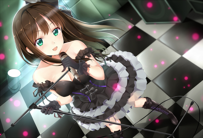 bare_shoulders black_footwear black_gloves black_gothic_dress_(idolmaster) boots breasts brown_hair checkered checkered_floor cleavage cross-laced_footwear dress gloves green_eyes hair_ornament idolmaster idolmaster_cinderella_girls knee_boots lace-up_boots long_hair medium_breasts microphone microphone_stand open_mouth qiuzhi_huiyi shibuya_rin solo