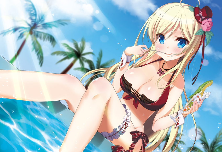 ahoge blonde_hair blue_eyes blush breasts chocolat_(noucome) cleavage detexted glass hat highres large_breasts leg_garter long_hair looking_at_viewer mini_hat mini_top_hat nanase_meruchi ore_no_nounai_sentakushi_ga_gakuen_love-comedy_wo_zenryoku_de_jama_shiteiru palm_tree smile solo spoon third-party_edit top_hat tree