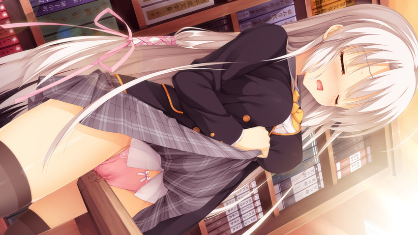 1girl ayachi_nene blush book breasts cameltoe crotch_rub eyes_closed female game_cg highres kobuichi large_breasts legs library long_hair masturbation muririn open_mouth panties pink_panties pussy_juice saliva sanoba_witch school_uniform skirt skirt_lift solo standing table_sex thighhighs thighs underwear wet wet_panties white_hair