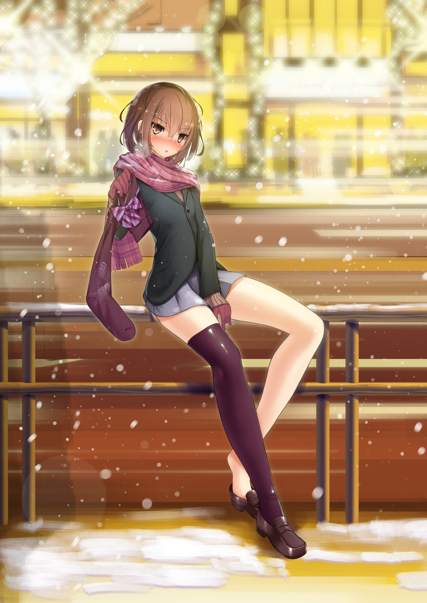 absurdres asymmetrical_legwear blush breath brown_eyes brown_hair dobunezumi full_body gloves highres looking_at_viewer open_mouth original panties panties_removed putting_on_shoes railing scarf shoe_dangle short_hair single_thighhigh sitting skirt snow solo thighhighs underwear