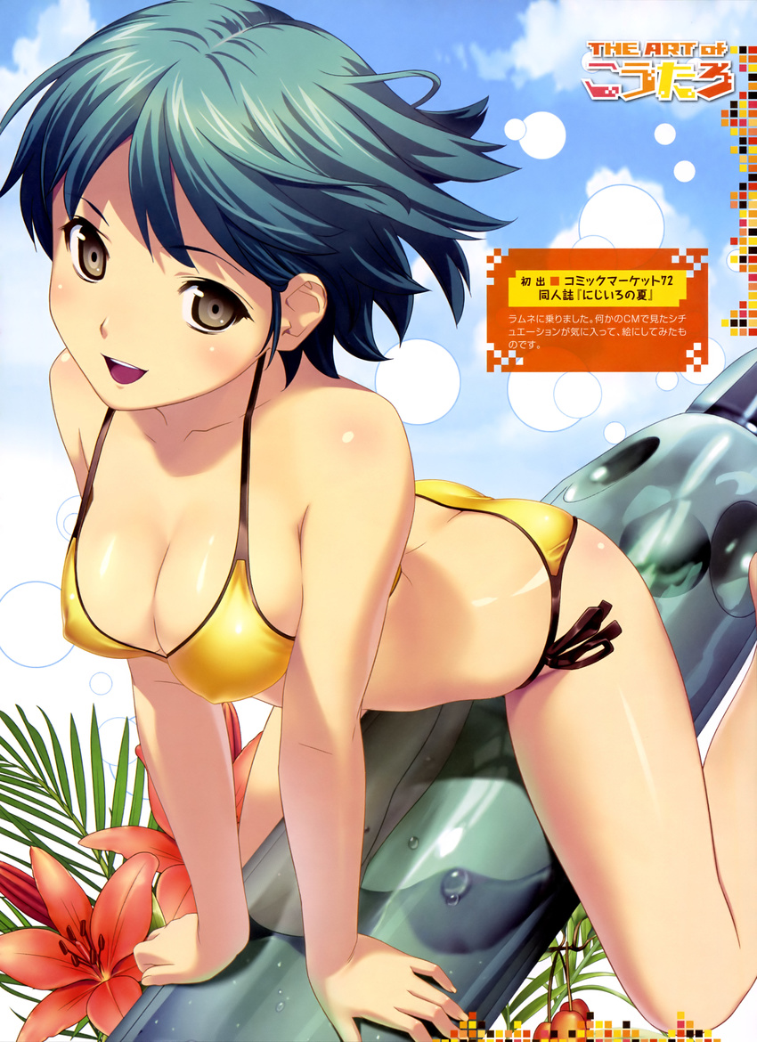 absurdres bare_legs bare_shoulders barefoot bikini blush body_blush breasts brown_eyes cleavage collarbone covered_nipples flower green_hair highres koutaro medium_breasts original ramune short_hair side-tie_bikini smile solo straddling swimsuit