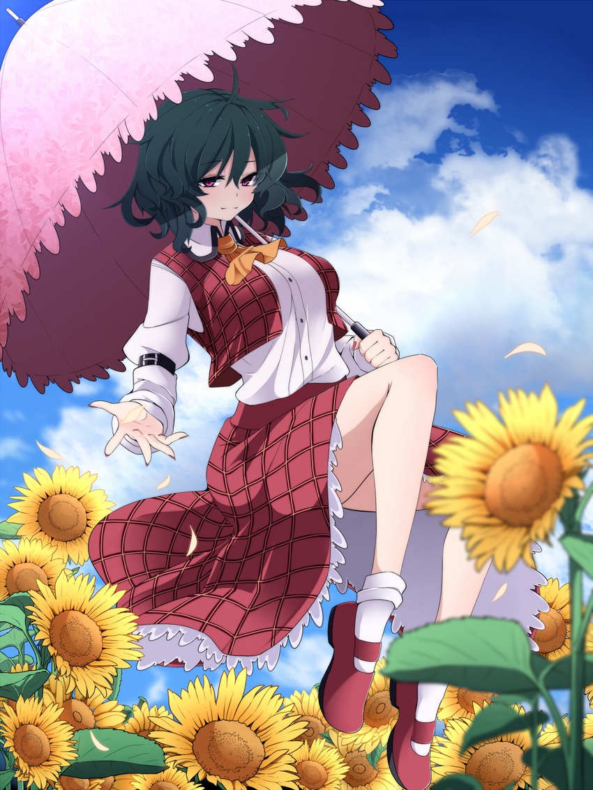 ascot blue_sky breasts cloud day field flower flower_field green_hair highres kazami_yuuka large_breasts long_sleeves open_clothes open_vest parasol petals red_eyes revision rihito_(usazukin) shirt skirt sky solo sunflower touhou umbrella vest