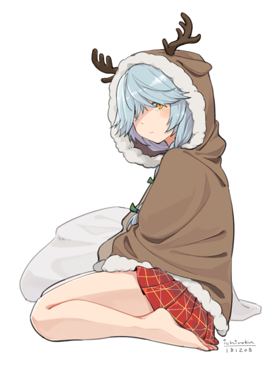 1girl absurdres animal_costume animal_hood antlers artist_name barefoot blue_hair commentary_request dated hair_over_one_eye hamanami_(kantai_collection) highres hood hooded_jacket hoodie jacket kantai_collection long_hair long_sleeves looking_at_viewer orange_eyes plaid plaid_skirt pleated_skirt red_skirt reindeer_costume reindeer_hood sack simple_background skirt solo ueno_(sakumogu-029) white_background