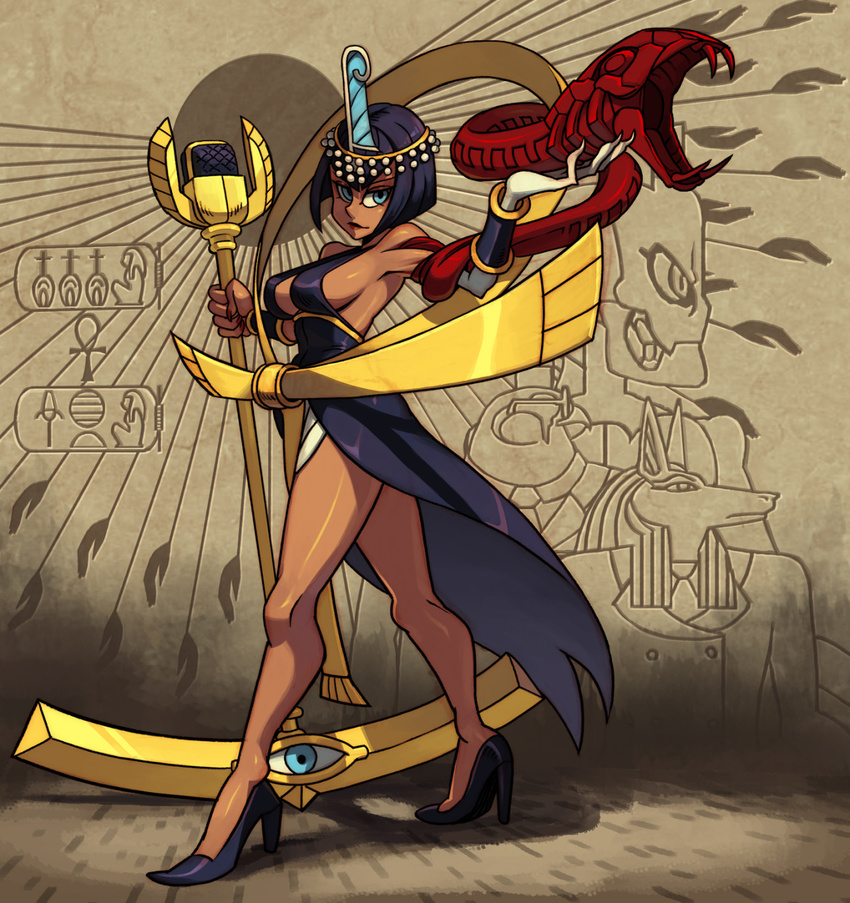 1girl 2boys albus_(skullgirls) alex_ahad ankh aten_(mythology) bare_shoulders black_dress black_hair blood blue_eyes bob_cut bone breasts dark_skin double-breasted dress egyptian eliza_(skullgirls) formal hagoromo halterneck high_heels highres horace_(skullgirls) lab_zero_games microphone microphone_stand multiple_boys necktie official_art sekhmet_(skullgirls) shawl short_hair showgirl_skirt sideboob skullgirls snake solo suit sun_(symbol) tiara