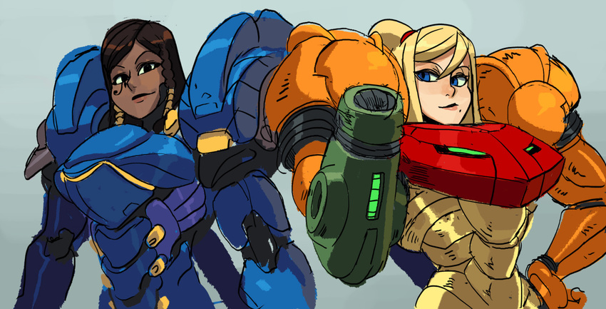 2girls alex_ahad arm_cannon armor black_hair blonde_hair blue_eyes crossover dark_skin facial_tattoo fareeha_amari lips metroid mole multiple_girls no_headwear no_helmet overwatch pharah_(overwatch) power_armor power_suit samus_aran smile tattoo varia_suit very_dark_skin weapon