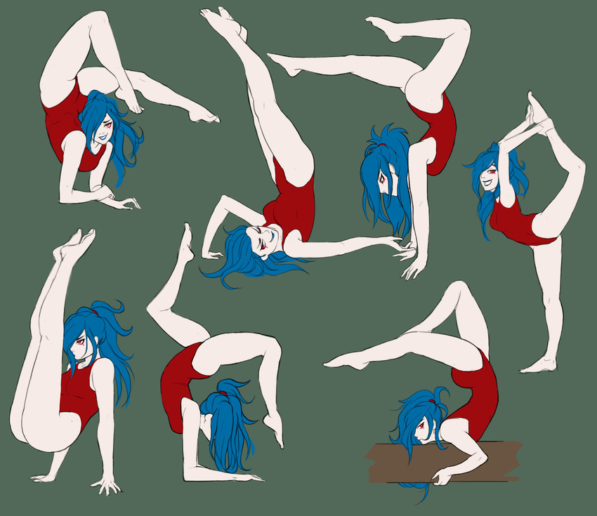 1girl arched_back ass balancing bare_legs barefoot blue_hair blue_lipstick breasts collage dungeons_and_dragons feet flexible from_side full_body g138 greenmarine grin gymnastics hair_over_one_eye handstand highleg highleg_swimsuit leaning_forward leg_hold leg_up legs legs_over_head legs_up leotard lipstick long_hair looking_at_viewer makeup messy_hair no_tail one-piece_swimsuit original pale_skin ponytail red_eyes red_swimsuit samia_of_the_shifting_sands simple_background small_breasts smile solo standing standing_on_one_leg swimsuit thighs toes upside-down