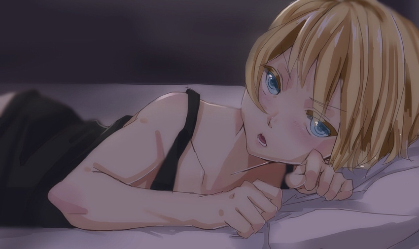 1boy androgynous bed blonde_hair blue_eyes blush hunter_x_hunter kurapika looking_at_viewer lying tank_top tanktop