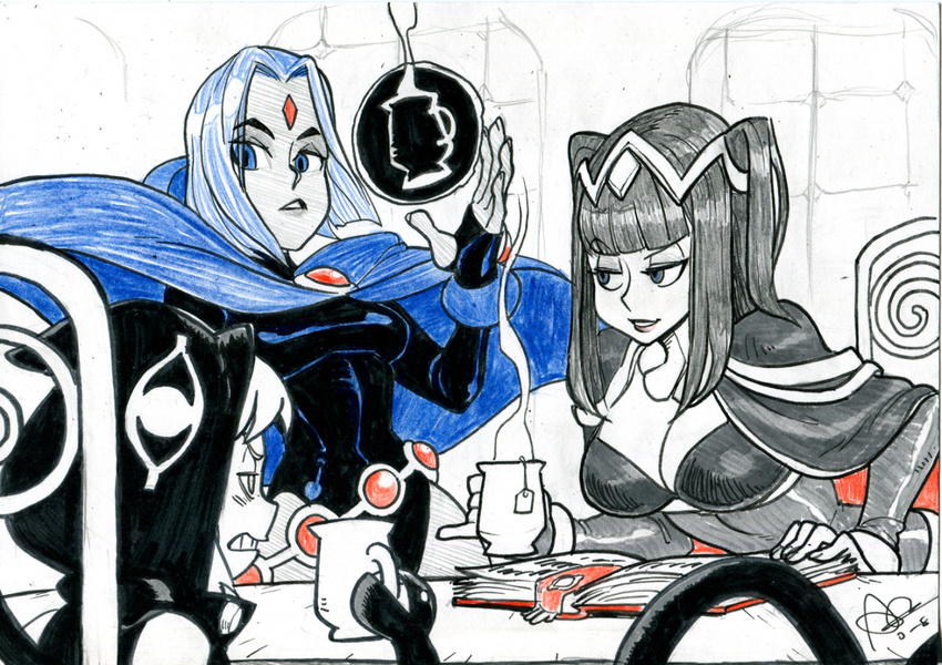 3girls alex_ahad bangs belt black_hair blue_eyes blue_hair blunt_bangs bodystocking book breasts cape cleavage crossover cup dc_comics fingerless_gloves fire_emblem fire_emblem:_kakusei forehead_jewel gloves hood large_breasts leotard medusa_gorgon multiple_crossover multiple_girls open_book pinky_out raven_(dc) short_hair soul_eater tea_bag teacup teen_titans tharja tiara