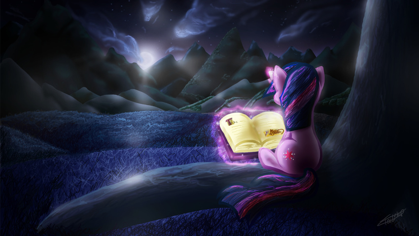 book cloud cutie_mark equine female feral friendship_is_magic fur grass hair horn horse magic mammal moon mountain my_little_pony night pony purple_fur purple_hair sitting sky tailzkip tree twilight_sparkle_(mlp) unicorn