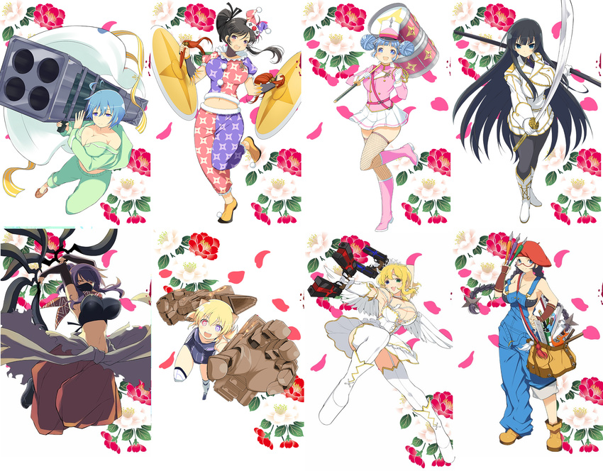 &gt;:( :d aiguillette ankle_boots antenna_hair aria_(senran_kagura) arm_behind_back arm_guards armor armpits arms_up bag baggy_pants band_uniform bandeau bangs bare_shoulders beads belt beret between_breasts black_hair black_legwear blazer blonde_hair blue_eyes blue_hair blunt_bangs boots braid breasts bridal_gauntlets calligraphy_brush cleavage closed_mouth clown clown_mask collage convenient_leg crop_top cymbals denim double_bun dual_wielding elbow_gloves face_mask fishnet_legwear fishnets floral_background flower folded_ponytail foreshortening frown full_body garter_straps gauntlets glasses gloves green_eyes gun hair_between_eyes hair_ornament hair_ribbon half-closed_eyes hand_on_hip hat heterochromia high_ponytail highres hips holding holding_gun holding_sword holding_weapon huge_weapon ikaruga_(senran_kagura) impossible_clothes instrument jacket japanese_clothes jewelry kaede_(senran_kagura) kanon_(senran_kagura) knee_boots large_breasts leaf leg_lift leg_up leotard light_smile long_hair long_sleeves looking_at_viewer mallet mask mask_on_head midriff military military_uniform miniskirt multicolored multicolored_clothes multicolored_pants multicolored_shirt multiple_girls muramasa_(senran_kagura) navel necklace ninja off_shoulder official_art open_mouth over_shoulder overalls paintbrush pajamas pants pants_rolled_up pantyhose parted_bangs pearl_necklace petals pink_footwear platform_footwear pleated_skirt pom_pom_(clothes) ponytail print_pants print_shirt purple_eyes purple_hair raised_eyebrows red-framed_eyewear red_eyes ribbon rocket_launcher ryouna_(senran_kagura) sandals scarf seimei_(senran_kagura) semi-rimless_eyewear senran_kagura senran_kagura_new_wave serious shako_cap sheath shirt shoes short_hair shuriken shuriken_hair_ornament sidelocks skirt small_breasts smile standing standing_on_one_leg strap_cleavage suzune_(senran_kagura) sword tassel thighhighs torn_clothes treble_clef twin_braids unbuckled_belt under-rim_eyewear uniform unsheathed v-shaped_eyebrows very_long_hair weapon weapon_over_shoulder white_background white_footwear white_gloves white_legwear white_wings wings yaegashi_nan zettai_ryouiki