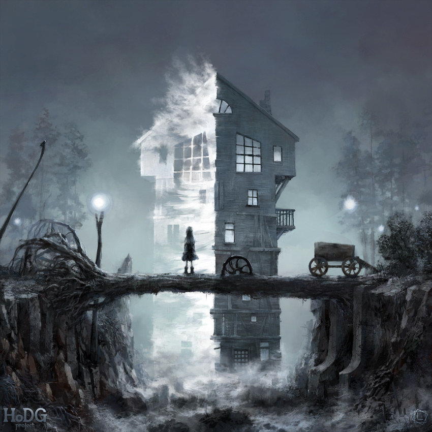 bad_source bridge fog forest ground_vehicle highres house limfoman limited_palette nature original scenery surreal wagon watermark